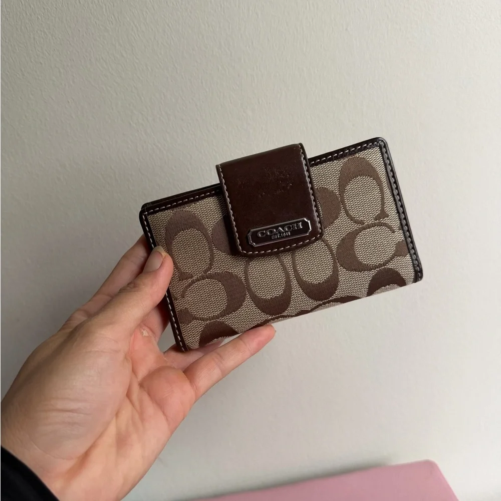 Coach Brown Signature Canvas Compact Wallet - Picture 1 of 5